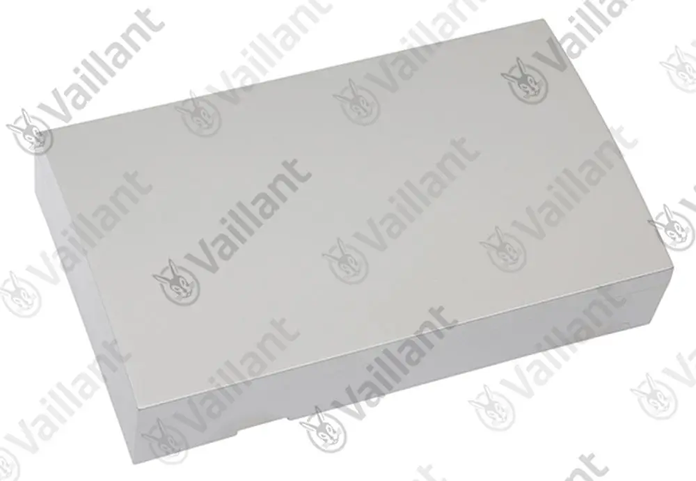 Silberne Abdeckung von Vaillant für einen Reglerschacht, rechteckige Form mit glatter Oberfläche.